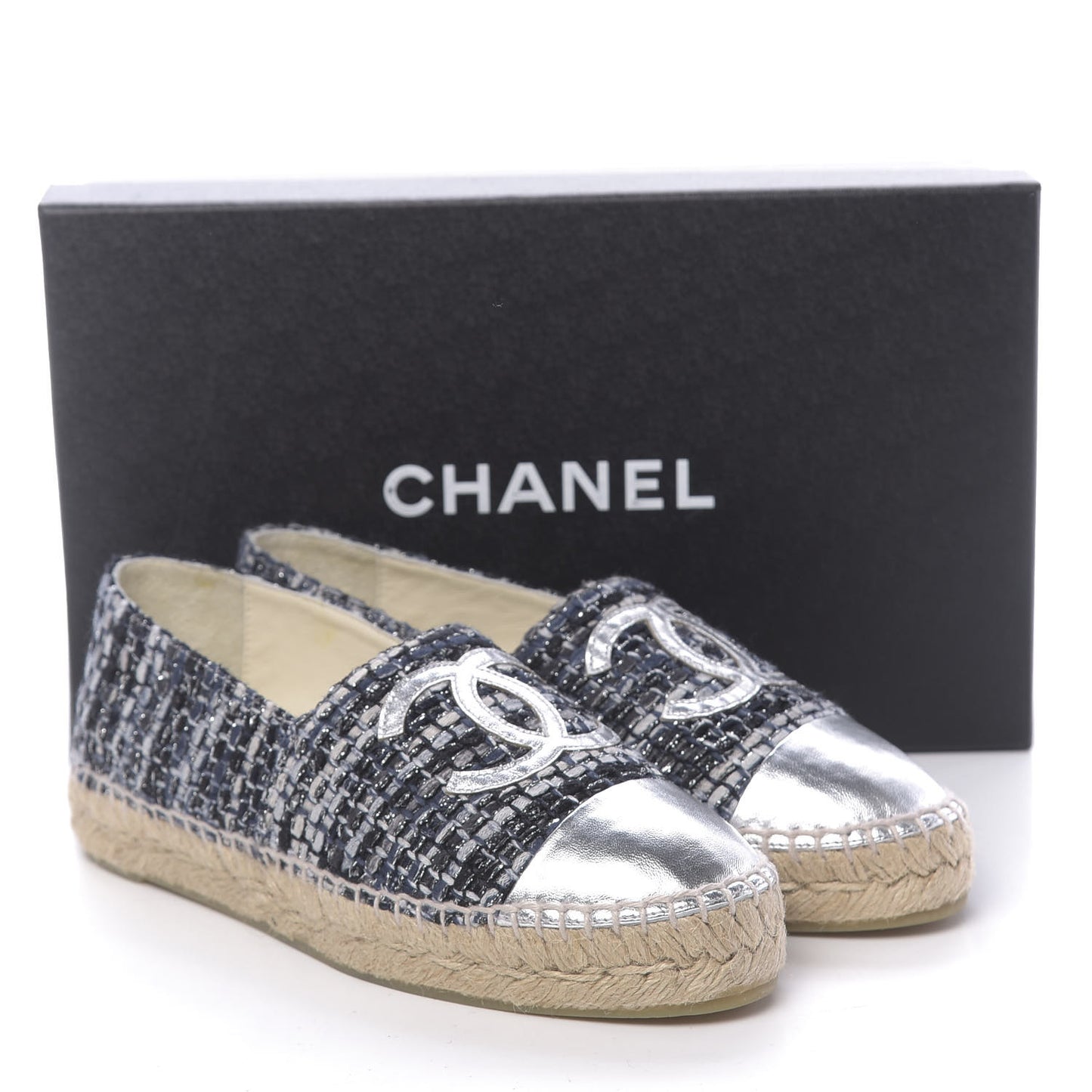 Metallic Tweed Lambskin CC Espadrilles 36 Black Silver