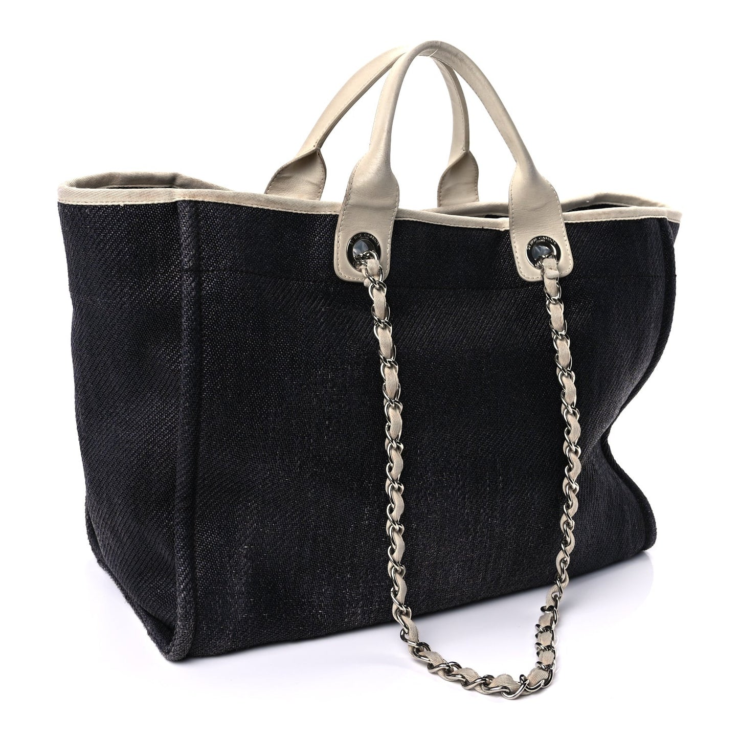 Woven Straw Raffia Medium Deauville Tote Black White