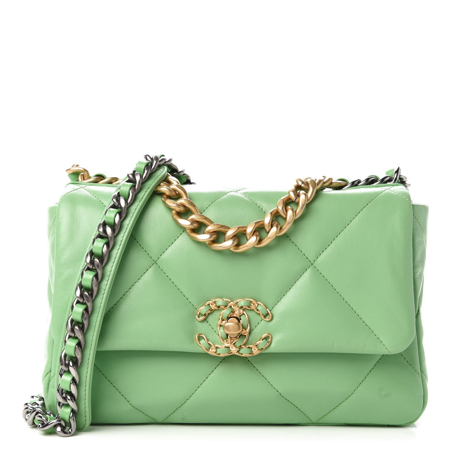 Chanel Goatskin Quilted Medium Chanel 19 Flap Light Green 1 of 10
