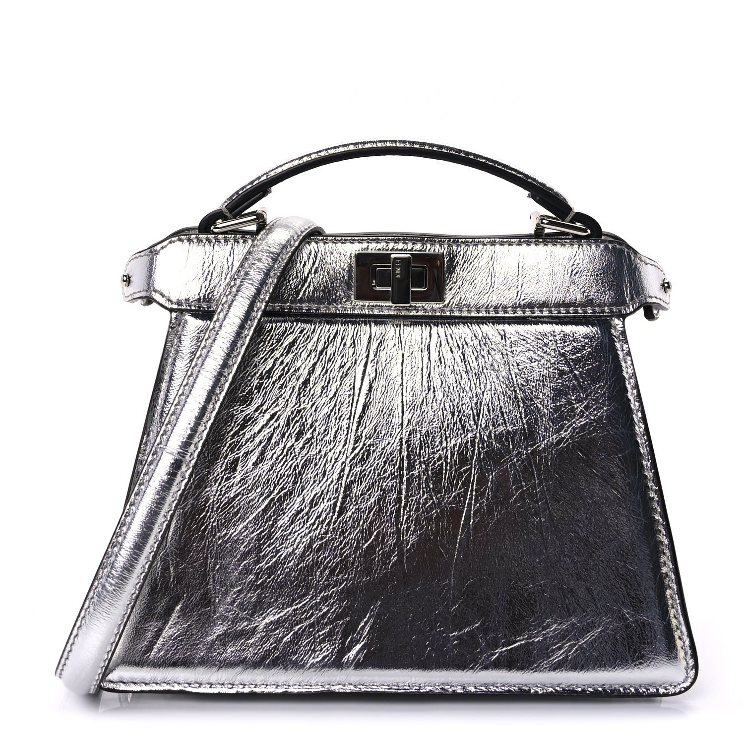 Fendi Metallic Calfskin Rock Millenium Petite Peekaboo I SEE U Iconic Satchel Argento 1 of 8