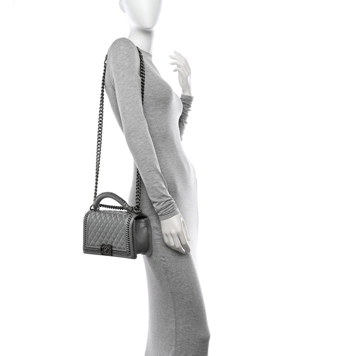 Metallic Aged Calfskin Quilted Medium Top Handle Boy Flap Silver