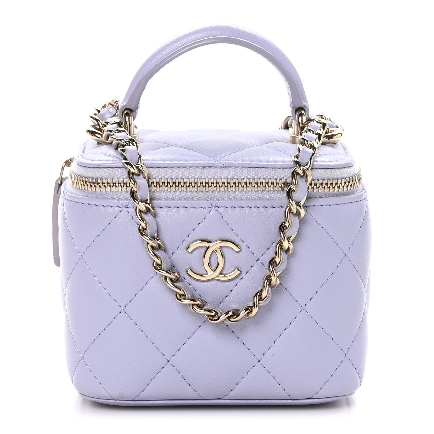 Lambskin Quilted Top Handle Mini Vanity Case With Chain Light Purple