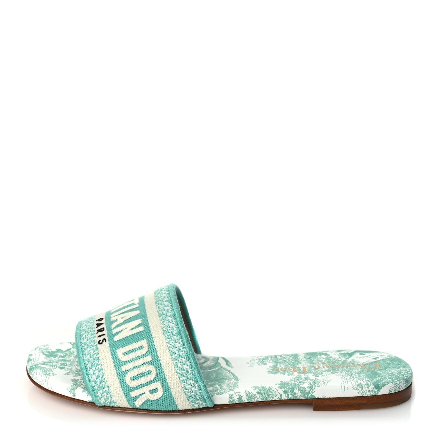 Christian Dior Canvas Toile De Jouy Embroidered Dway Flat Slide Sandals 36 Aquamarine 1 of 9