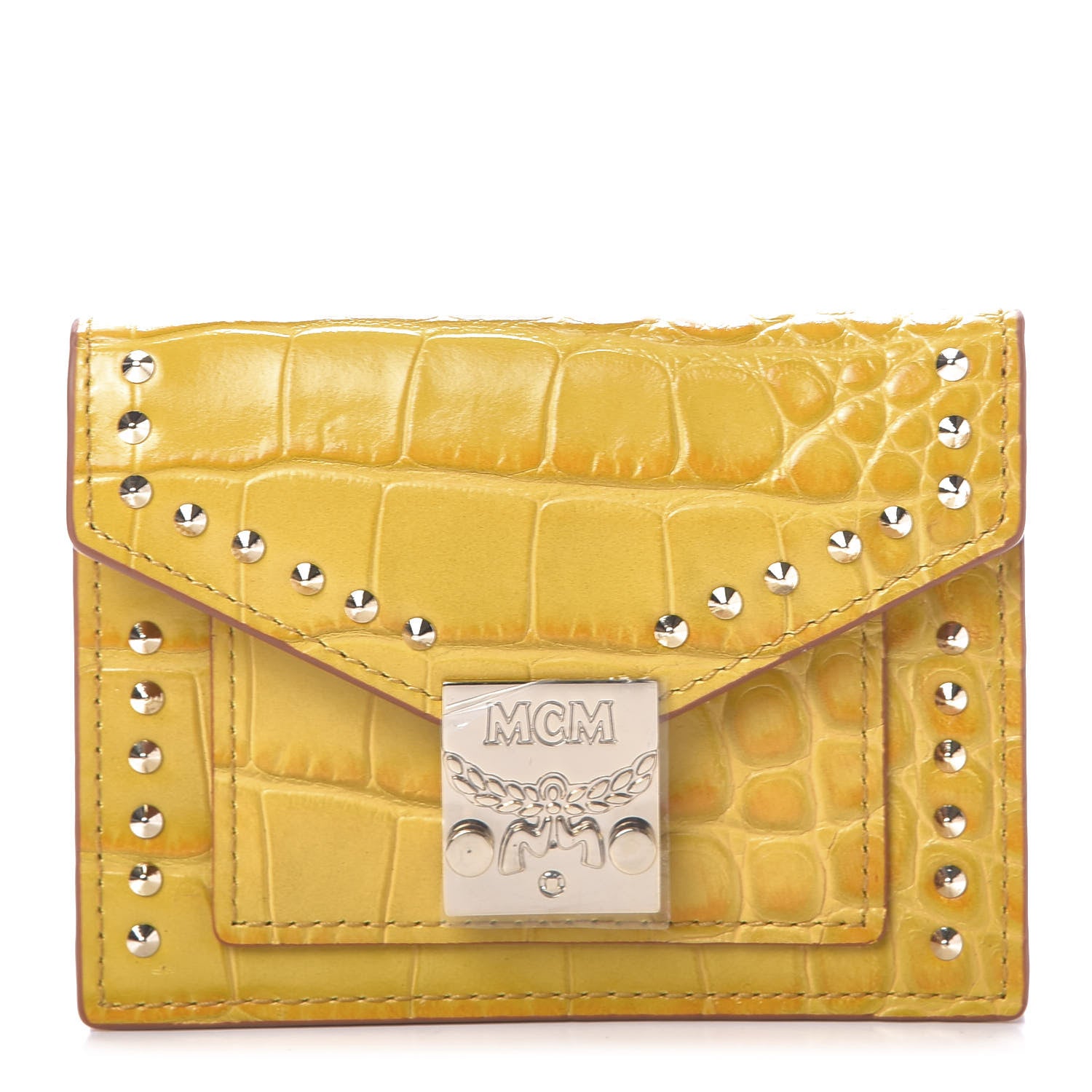 MCM Calfskin Crocodile Embossed Flap Card Holder Golden Mango 1 of 10