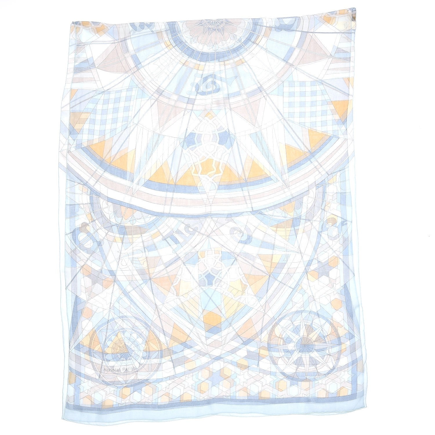 Hermes Mousseline Silk Rose De Compas Stole Scarf Bleu Glacier Beige Gris 6 of 7