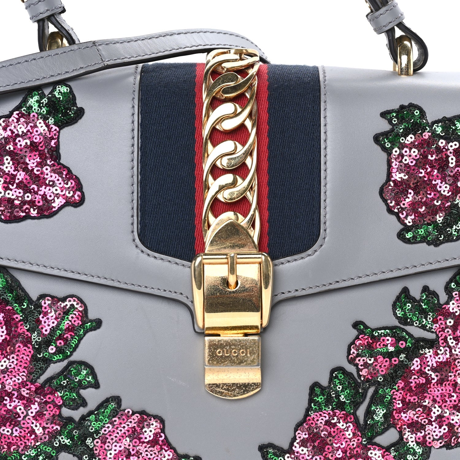 Gucci Calfskin Embroidered Sylvie Top Handle Bag Grey 6 of 7
