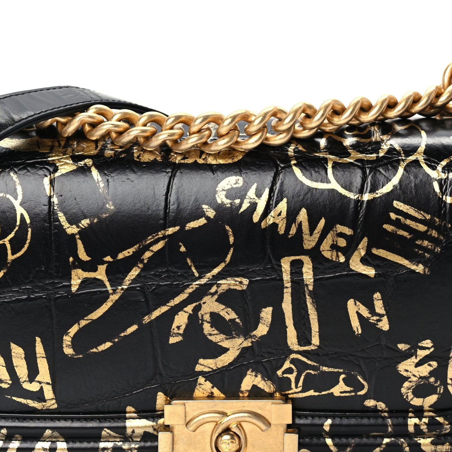 Calfskin Crocodile Embossed Graffiti Cocodile Medium Boy Flap Black