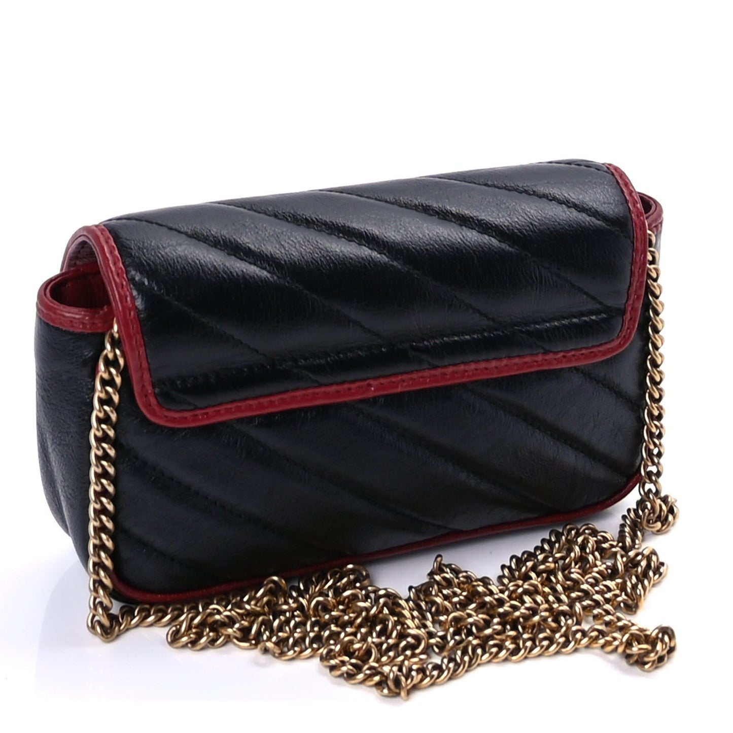 GUCCI Vintage Effect Calfskin Matelasse Diagonal Super Mini Torchon GG Marmont Shoulder Bag Black Romantic Cherry