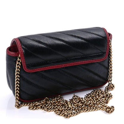 Gucci GUCCI Vintage Effect Calfskin Matelasse Diagonal Super Mini Torchon GG Marmont Shoulder Bag Black Romantic Cherry 2 of 8
