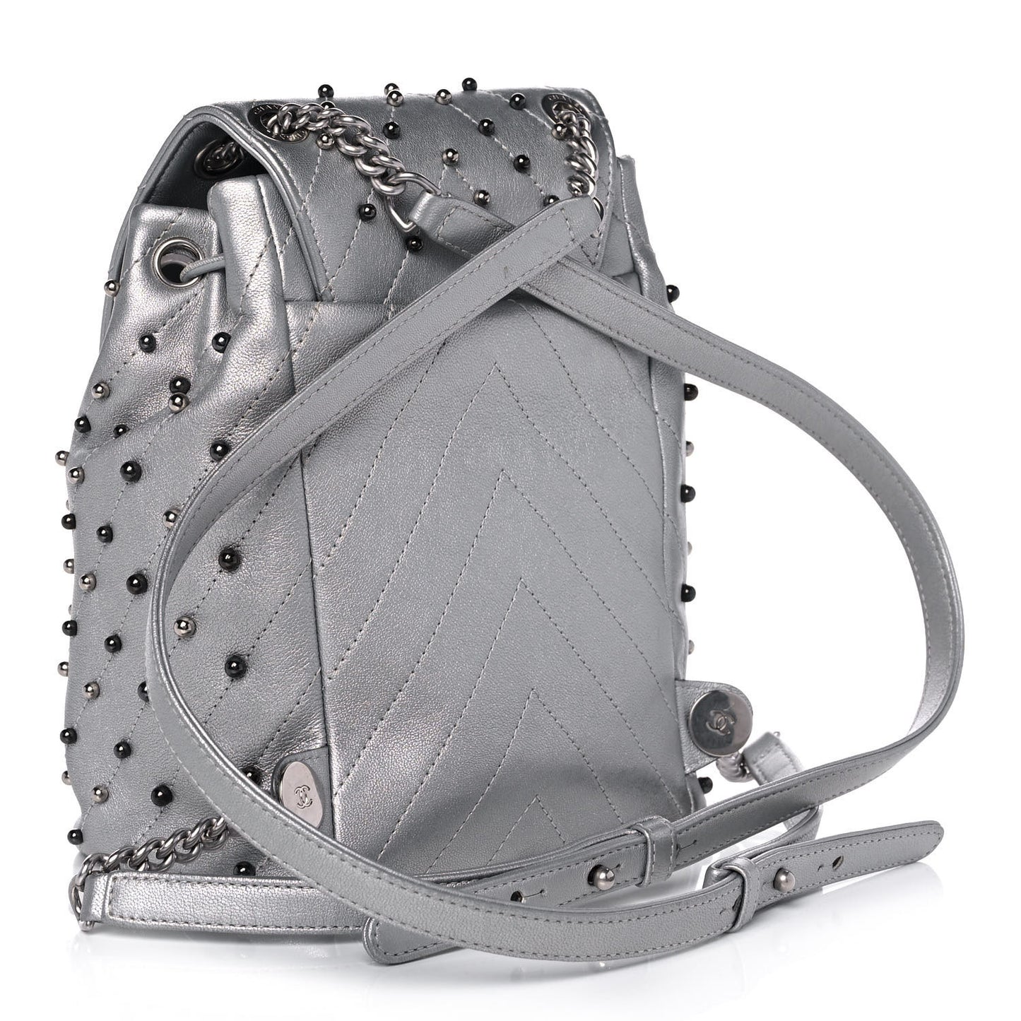Metallic Lambskin Chevron Quilted Studded Stud Wars Backpack Silver
