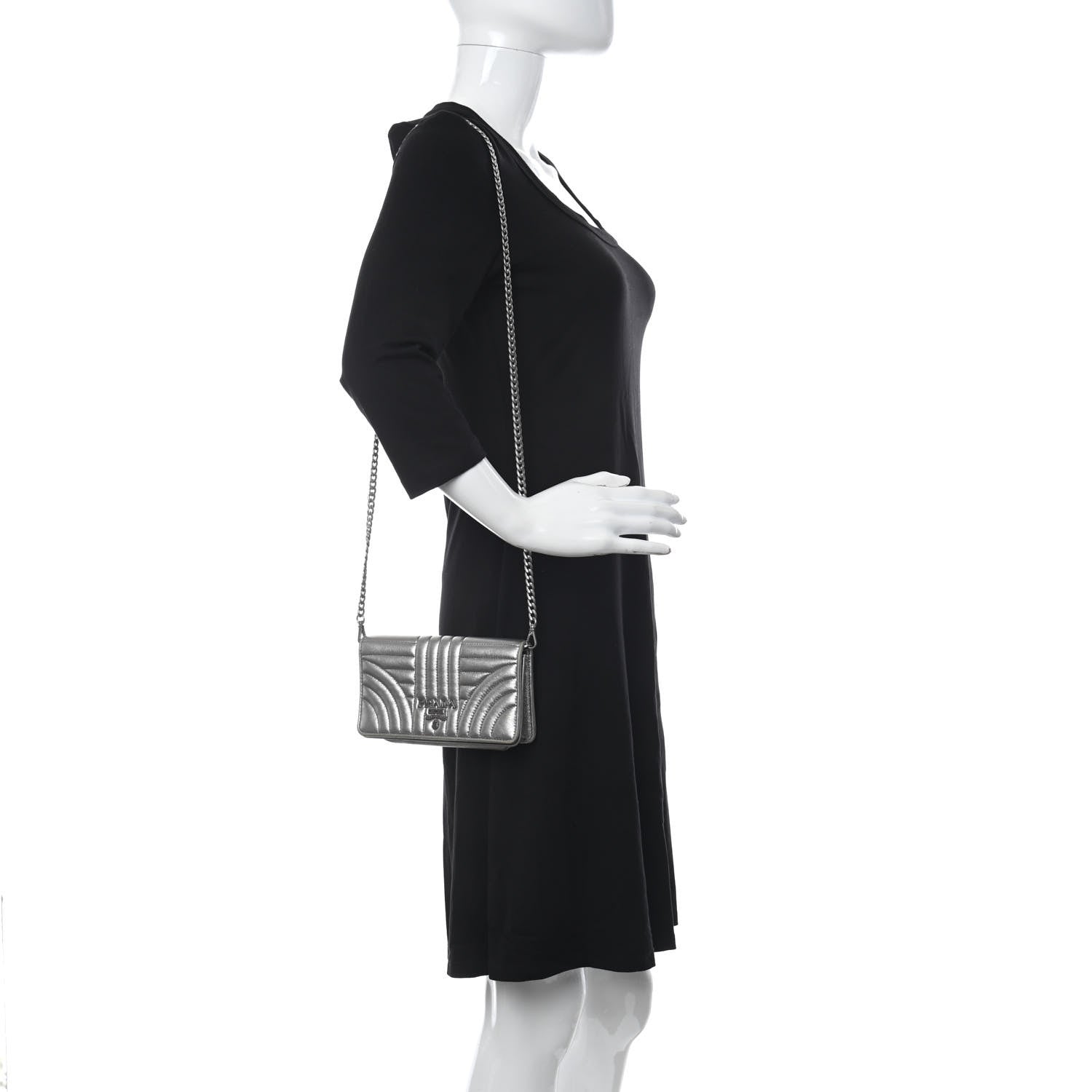 Prada Metallic Nappa Impunture Diagramme Chain Wallet Cromo 2 of 13