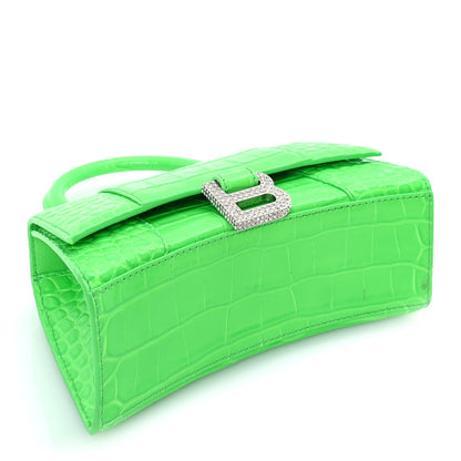 Balenciaga Shiny Calfskin Strass Crocodile Embossed Hourglass Top Handle Bag XS  Fluo Green 3 of 7