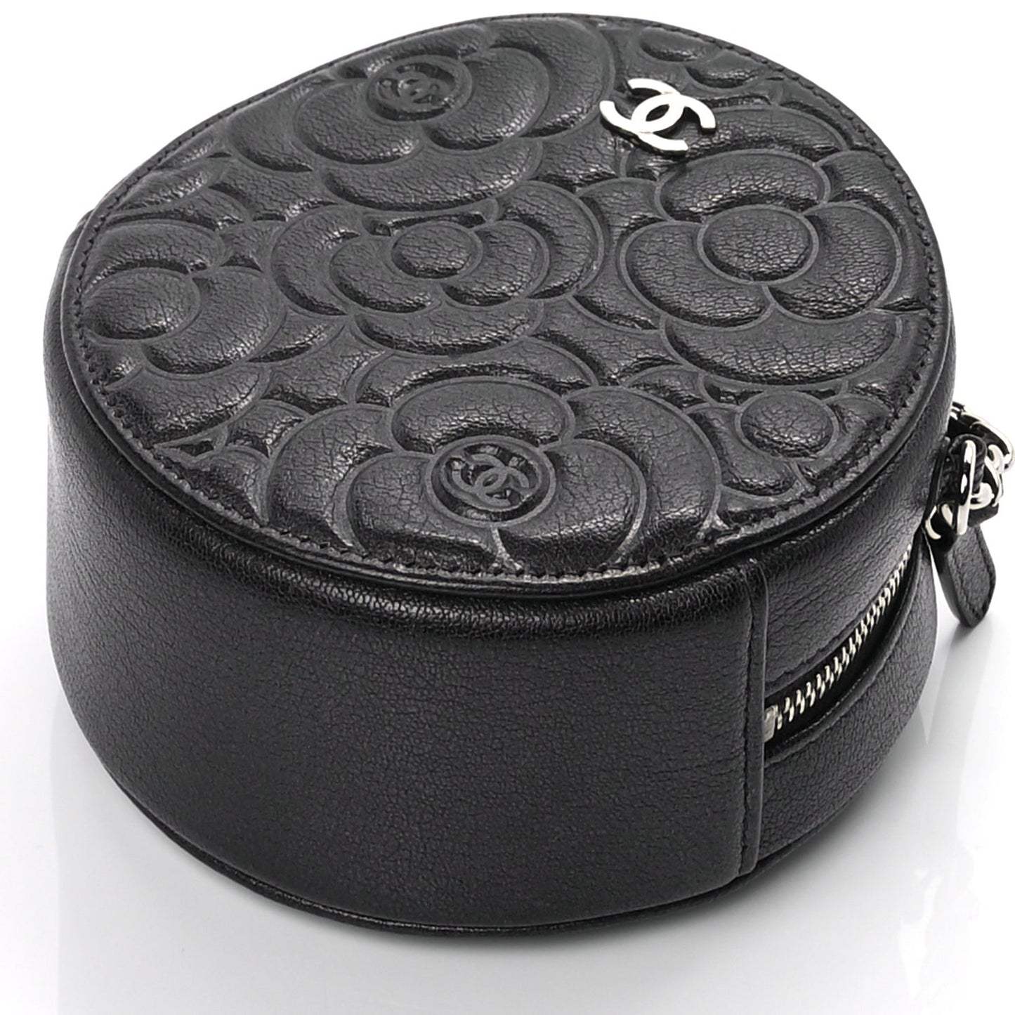 Goatskin Camellia Quilted Round Clutch With Chain Anthracite