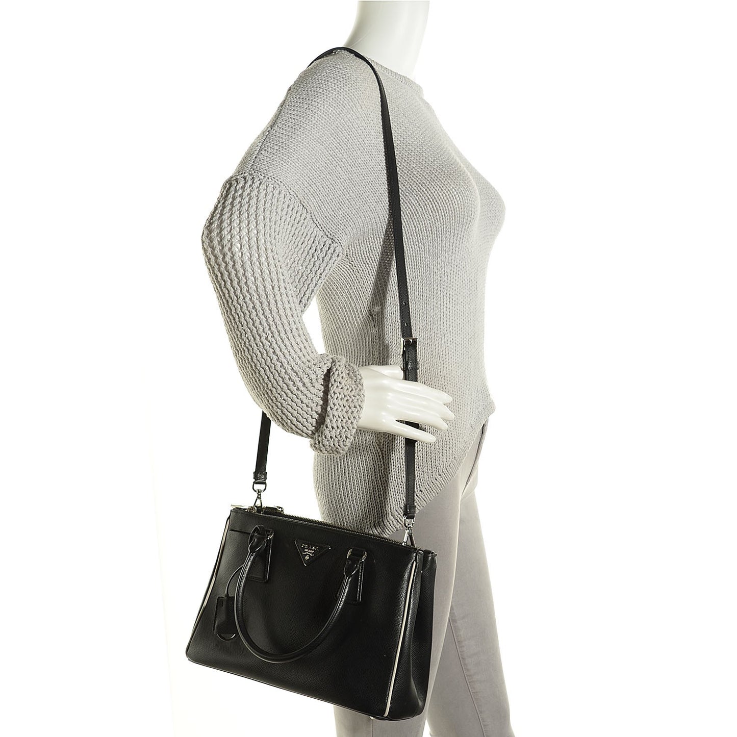 Saffiano Lux Small Double Zip Tote Black Talco