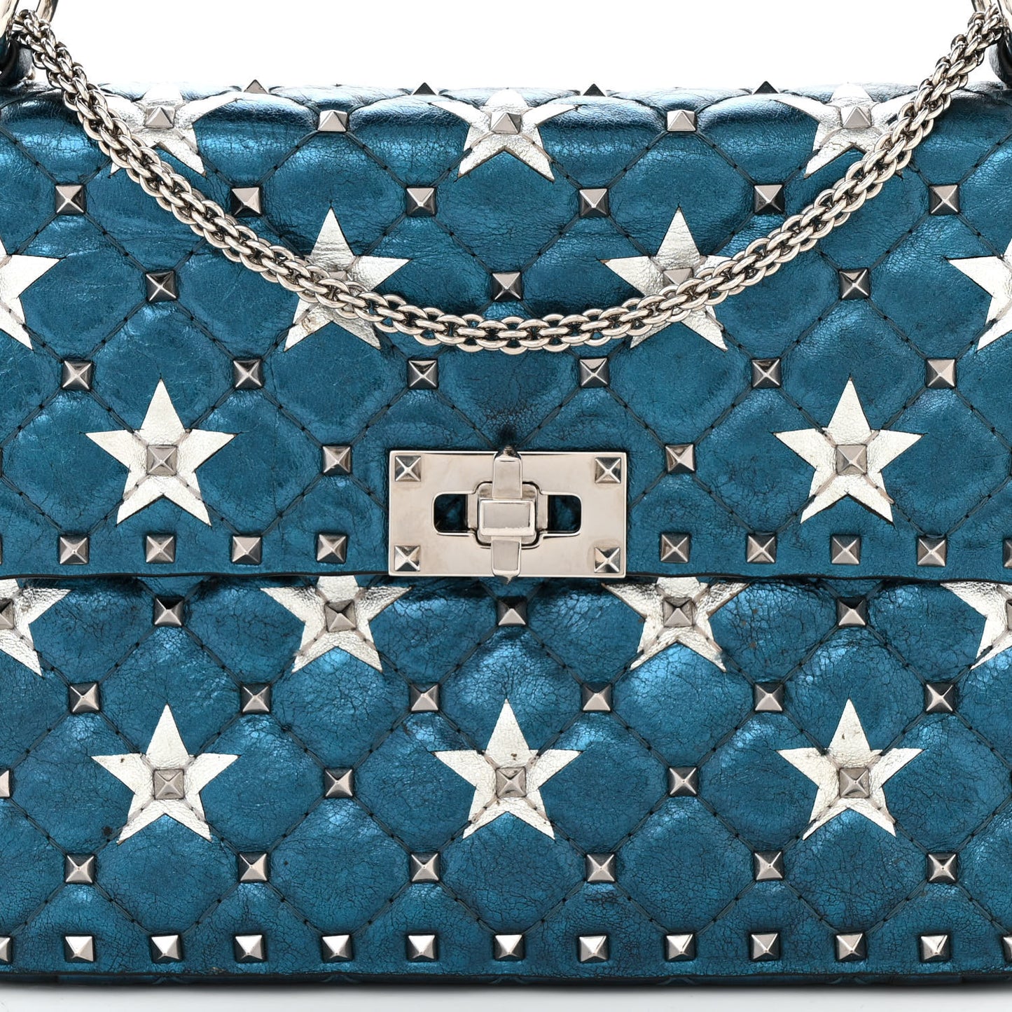 Metallic Wrinkled Lambskin Star Medium Rockstud Spike Shoulder Bag Peacock
