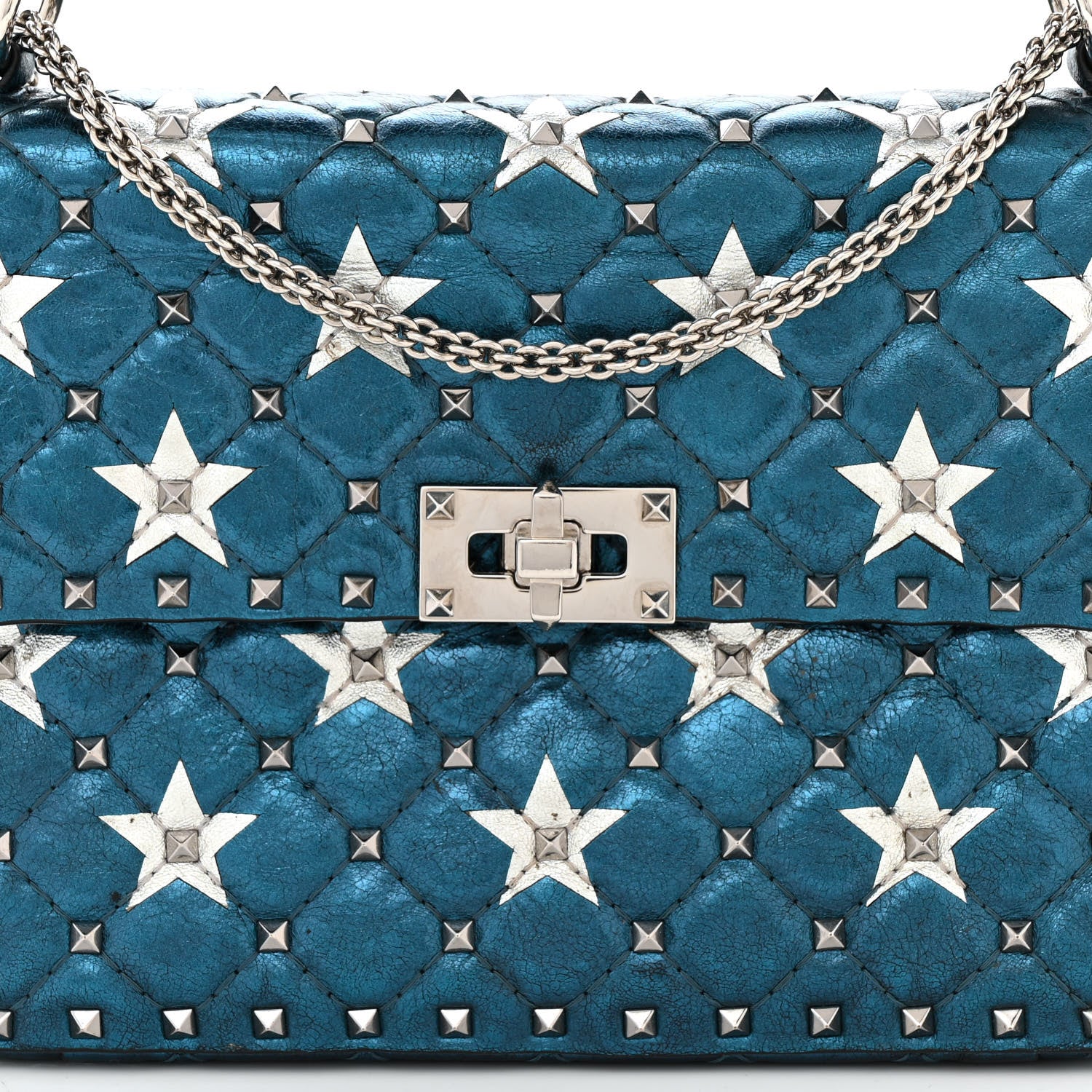 Valentino Garavani Metallic Wrinkled Lambskin Star Medium Rockstud Spike Shoulder Bag Peacock 7 of 10