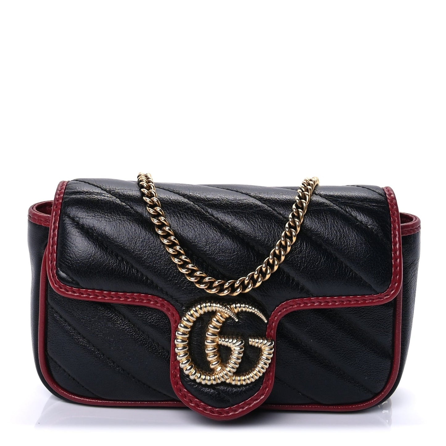 GUCCI Vintage Effect Calfskin Matelasse Diagonal Super Mini Torchon GG Marmont Shoulder Bag Black Romantic Cherry