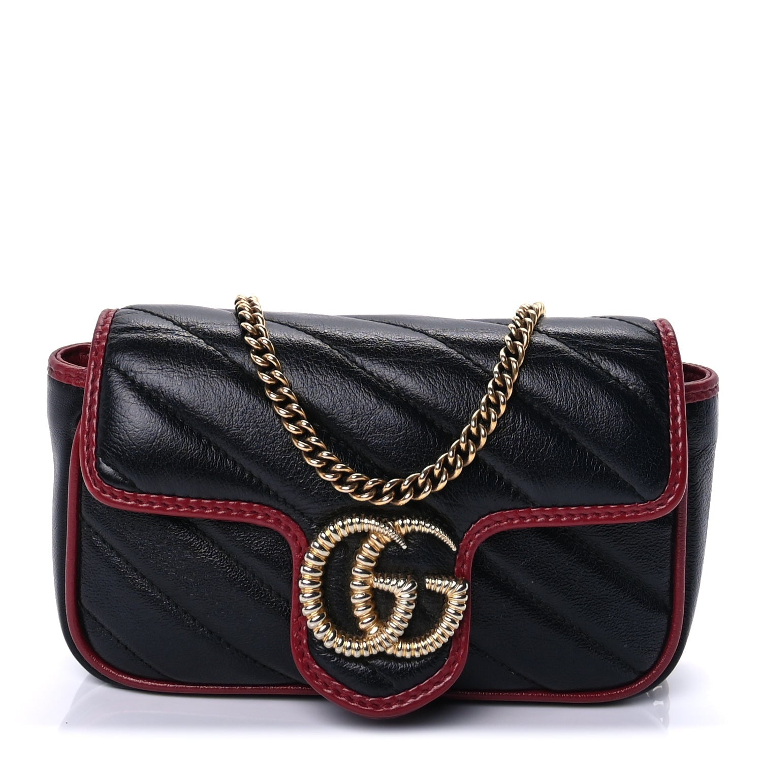 Gucci GUCCI Vintage Effect Calfskin Matelasse Diagonal Super Mini Torchon GG Marmont Shoulder Bag Black Romantic Cherry 1 of 8