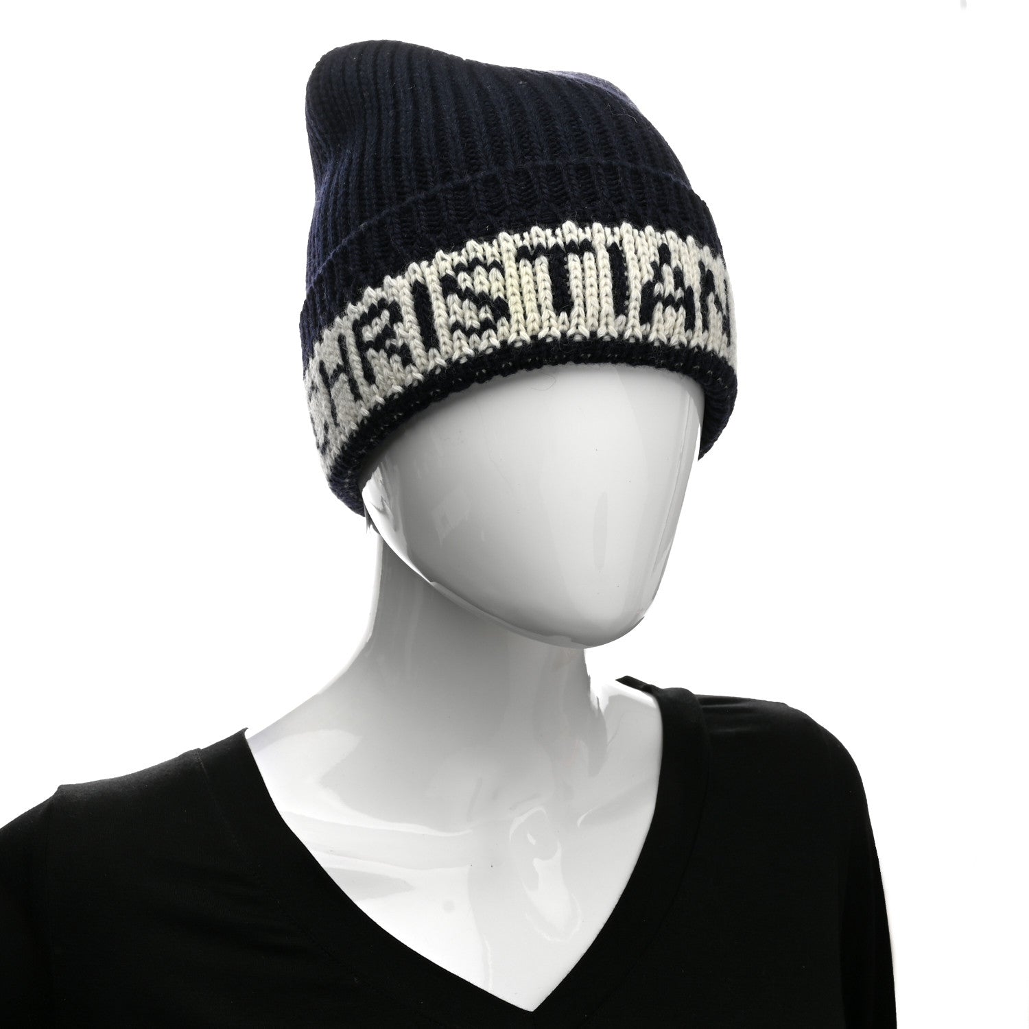 Christian Dior Cashmere Wool D-White Beanie Navy Blue White 3 of 7