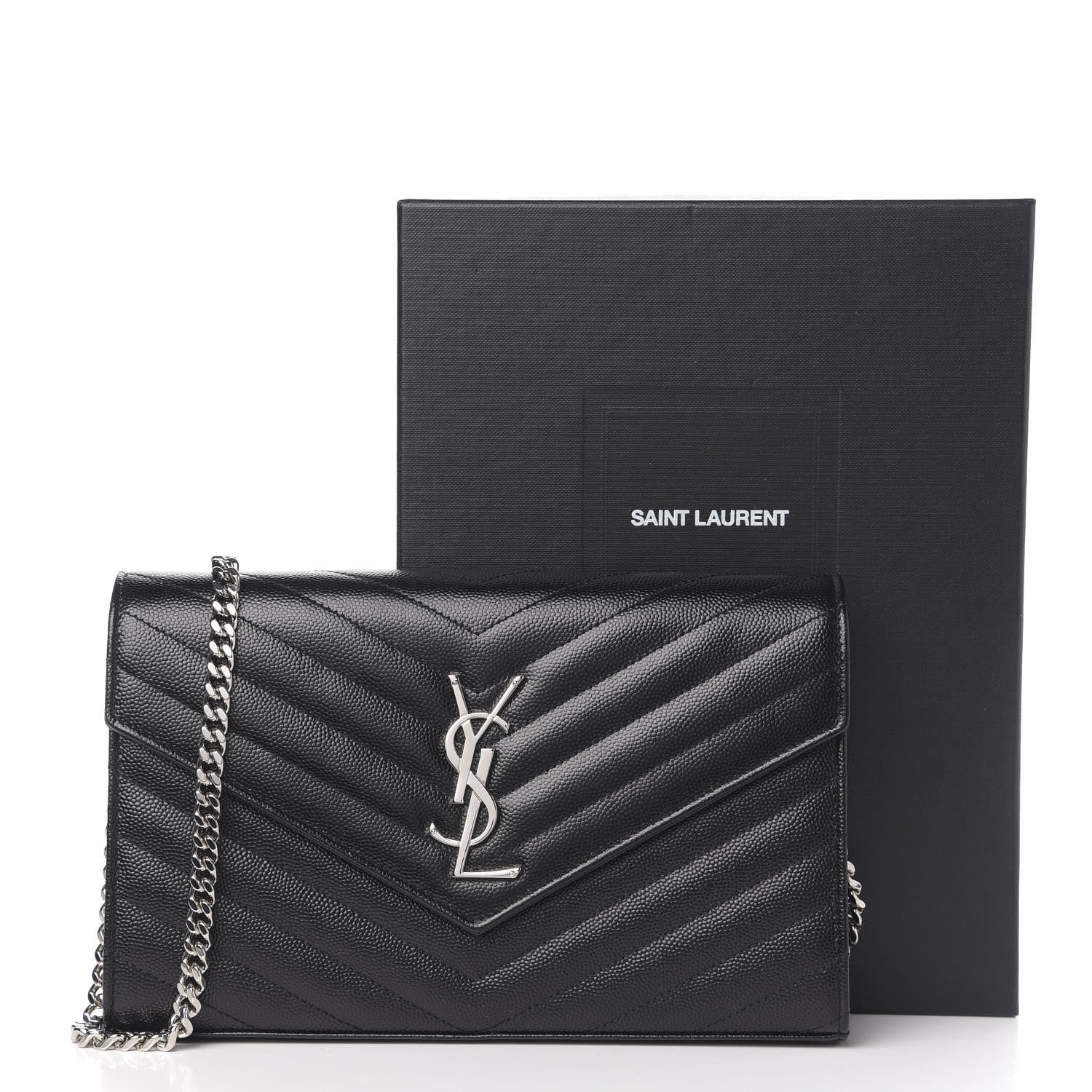 Saint Laurent Grain De Poudre Matelasse Chevron Monogram Chain Wallet Black 9 of 9