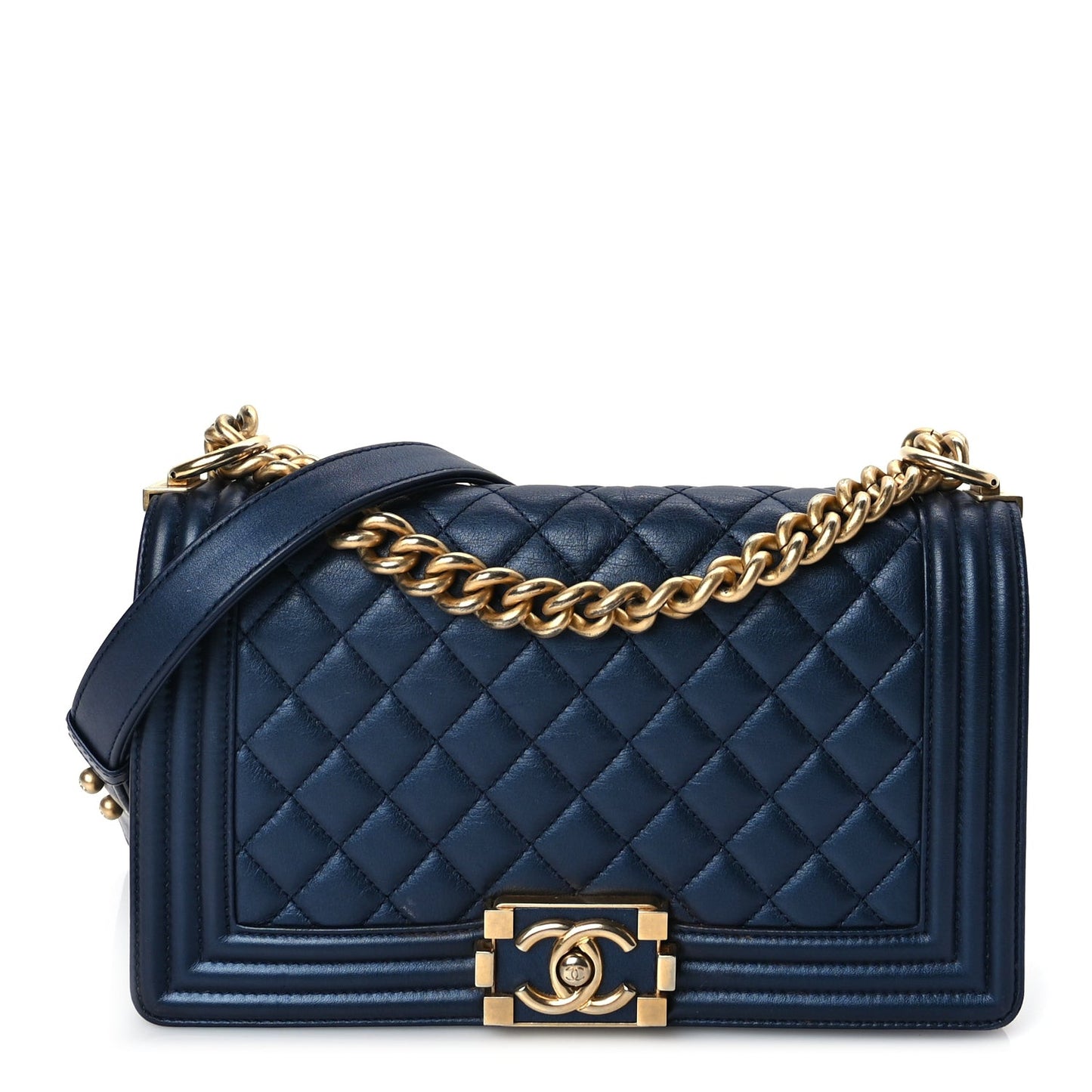Metallic Calfskin Quilted Medium Boy Flap Navy Blue