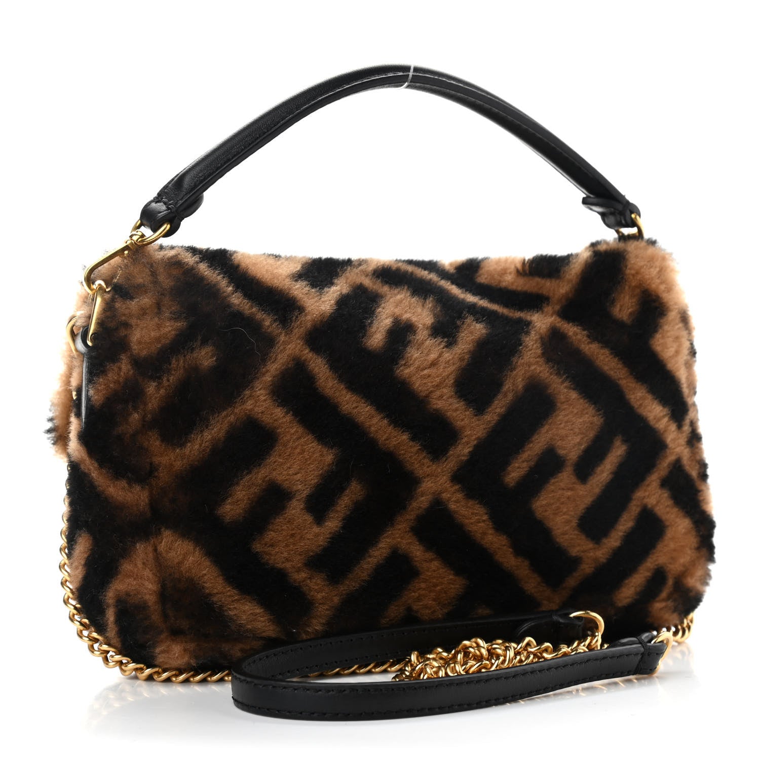 Fendi Shearling Vitello Dolce Macro FF 1974 Mini Baguette Tobacco Black 3 of 9