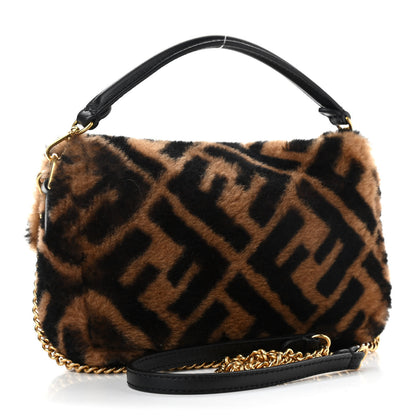 Fendi Shearling Vitello Dolce Macro FF 1974 Mini Baguette Tobacco Black 3 of 9