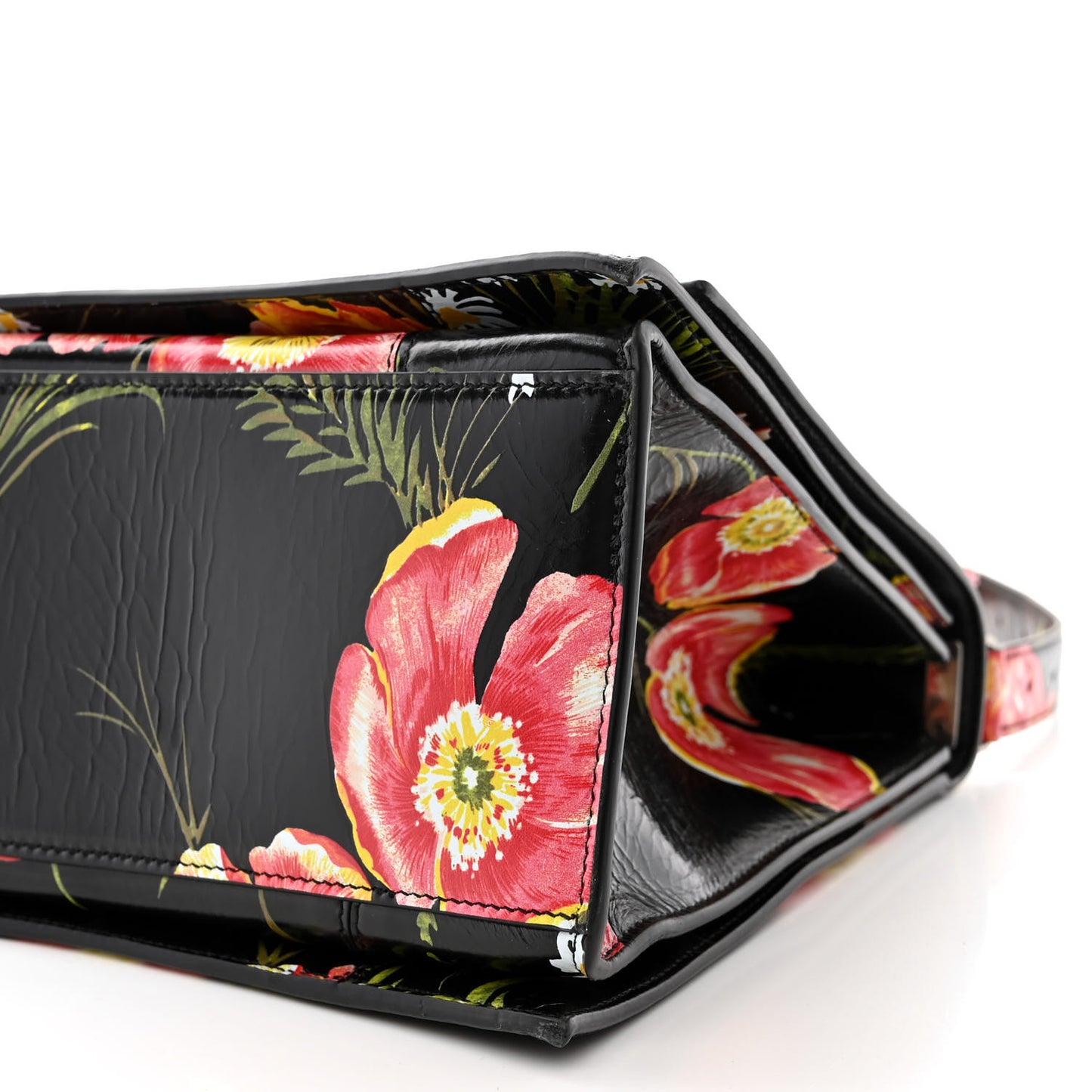 Shiny Paper Calfskin Floral Print Large Crush Sling Bag Black Red