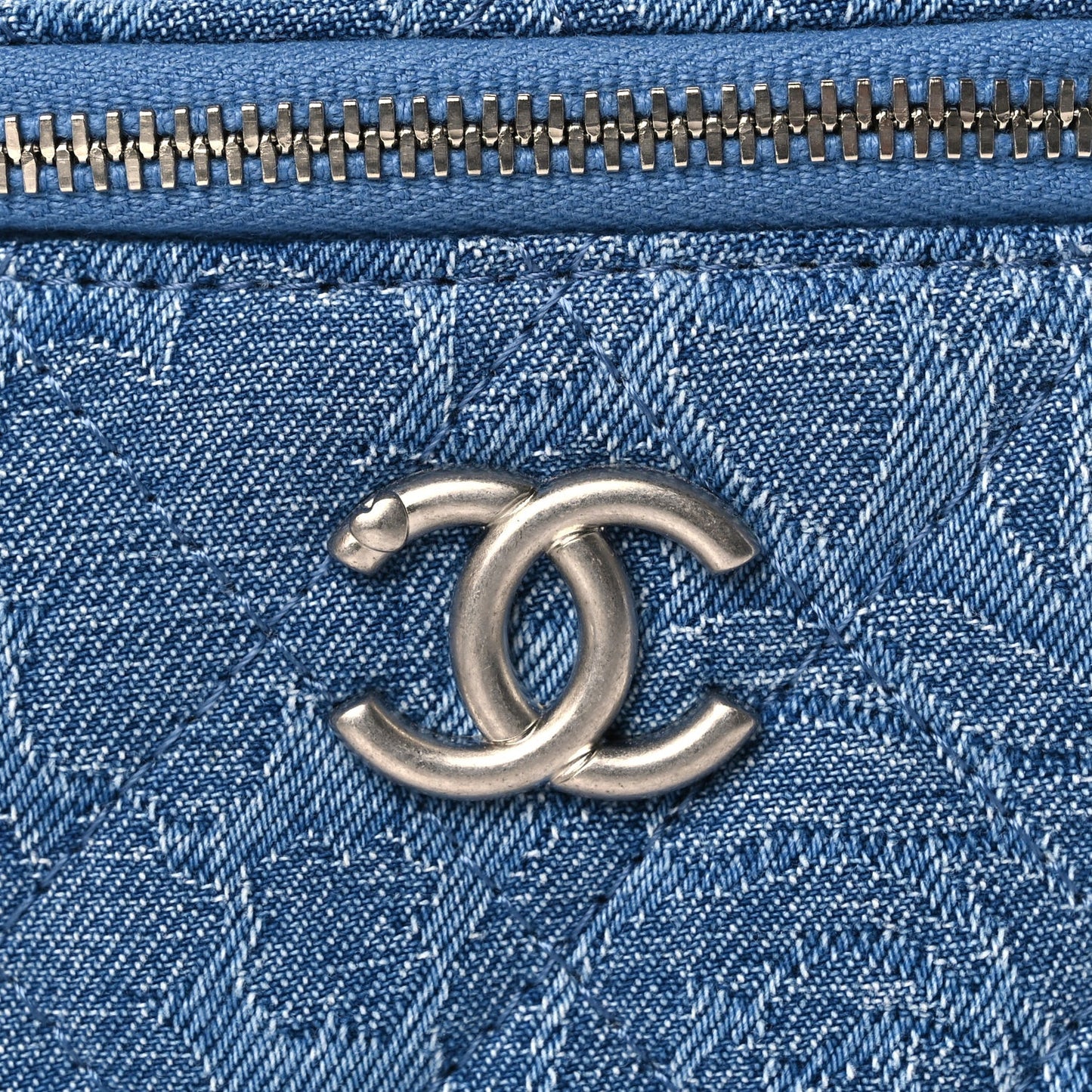 Denim Quilted Camellia Sweetheart Mini Vanity Case With Chain Blue