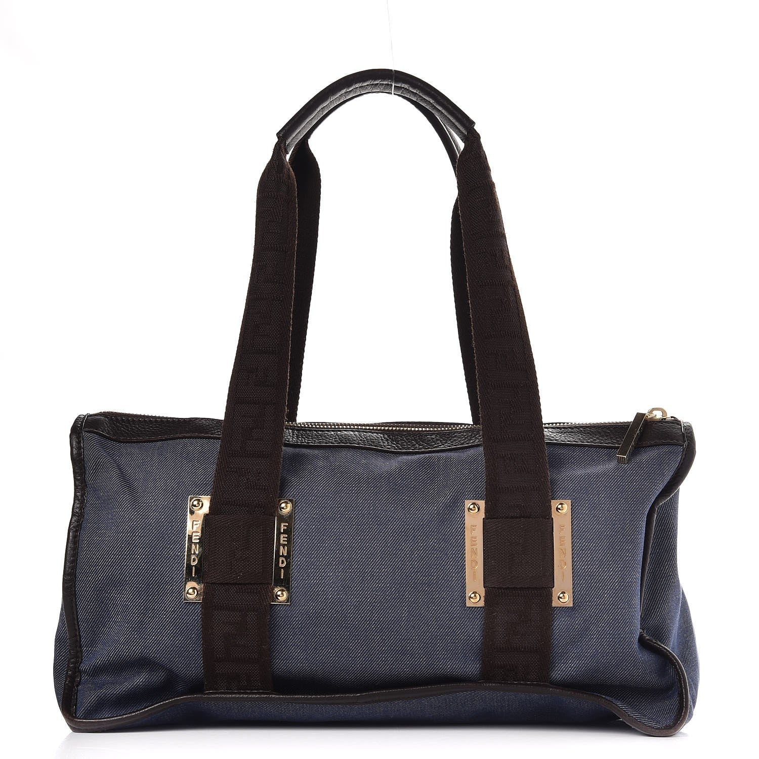 Fendi Denim Zip Top Tote Blue Brown 1 of 8