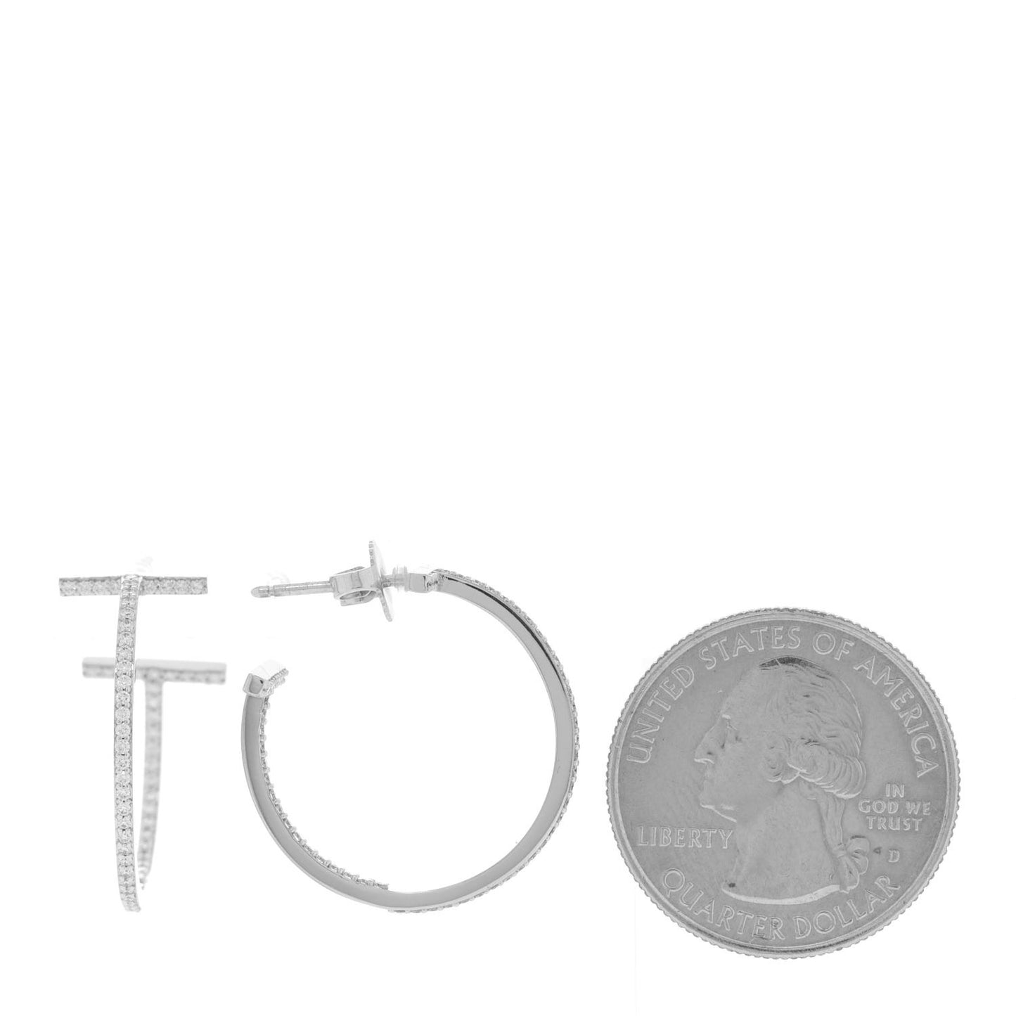 18K White Gold Diamond Medium T Wire Hoop Earrings