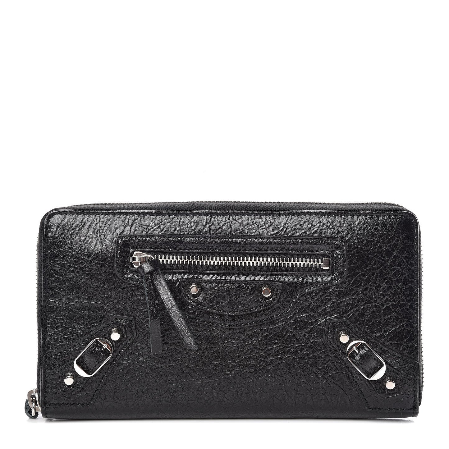 Agneau Classic Silver Hardware Continental Zip Around Wallet Black
