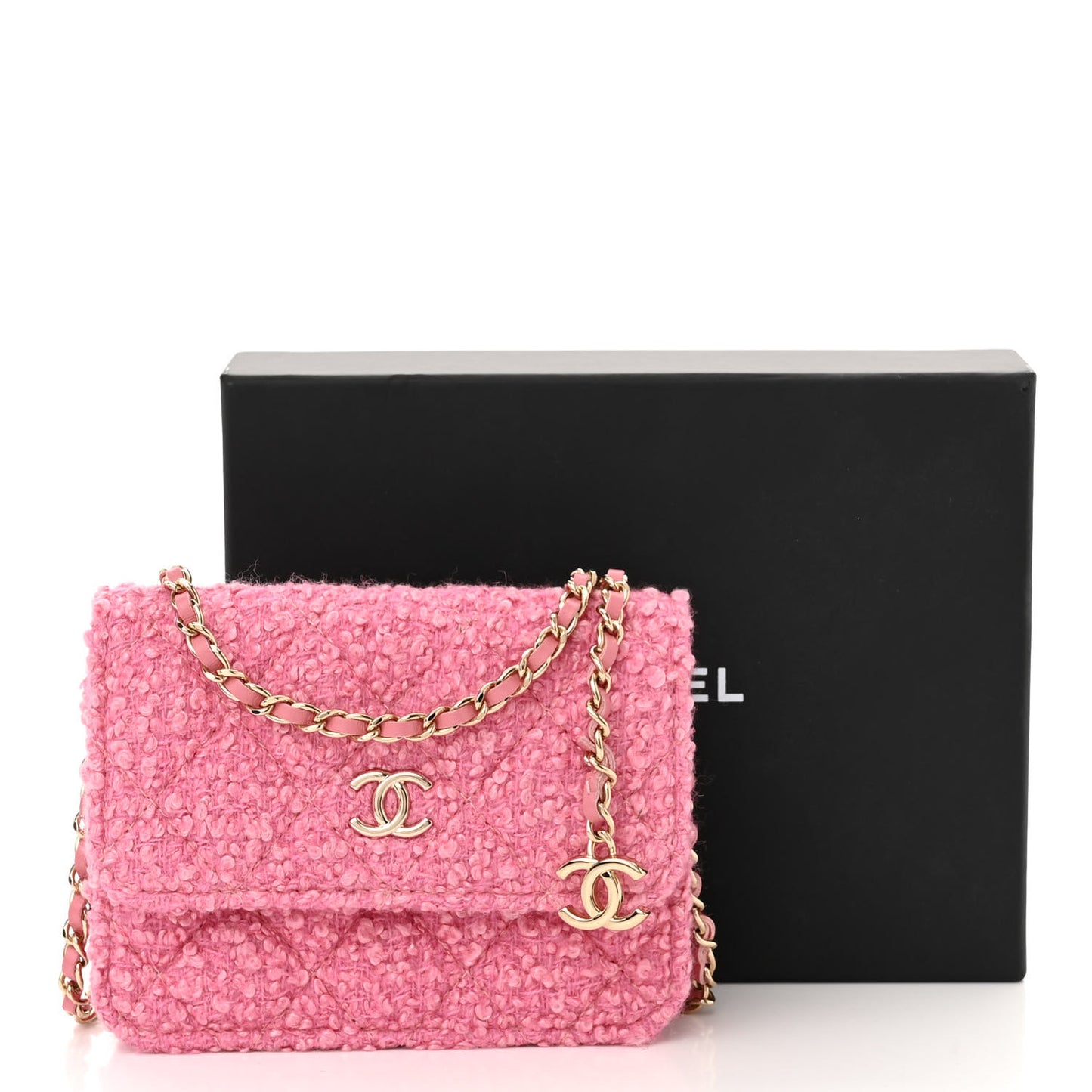Tweed Quilted Flap Chain Waist Bag Pink