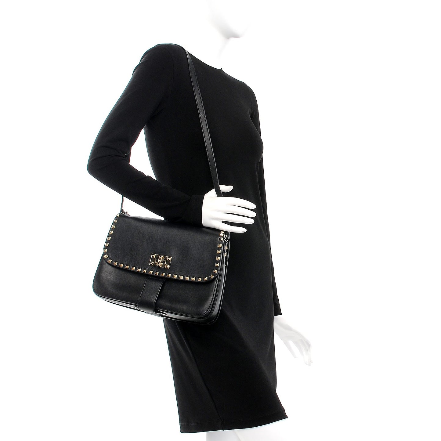 Vitello Rockstud Shoulder Flap Bag Black