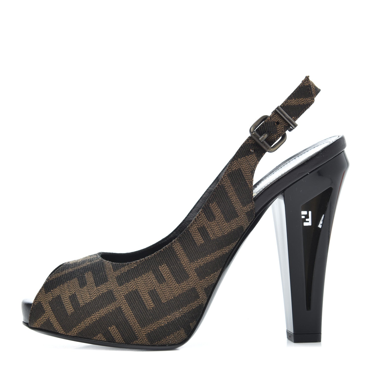 Fendi Jacquard Calfskin FF Open Toe Platform Slingback Pumps 38.5 Tobacco 1 of 12