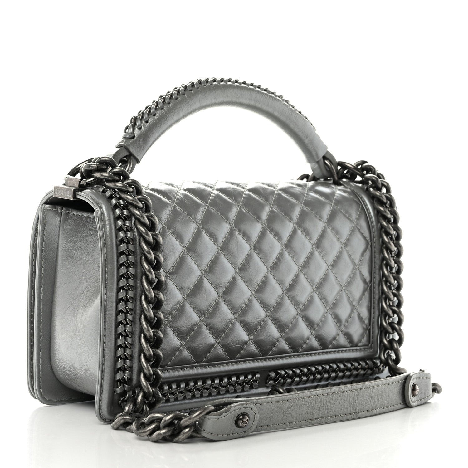 Chanel Metallic Aged Calfskin Quilted Medium Top Handle Boy Flap Silver 3 of 12