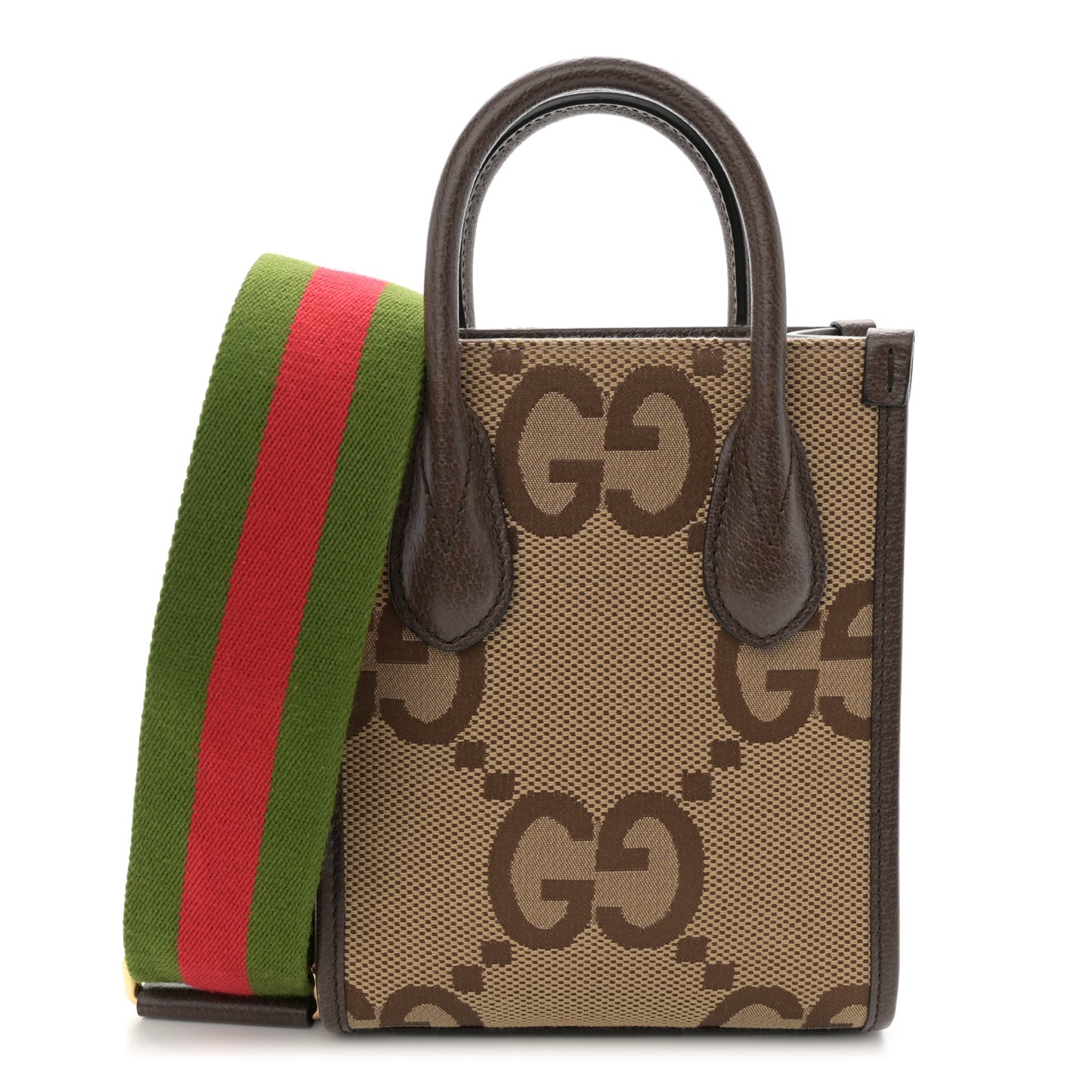 Monogram Jumbo GG Textured Dollar Calfskin Web Mini Vertical Tote Camel Ebony New Acero