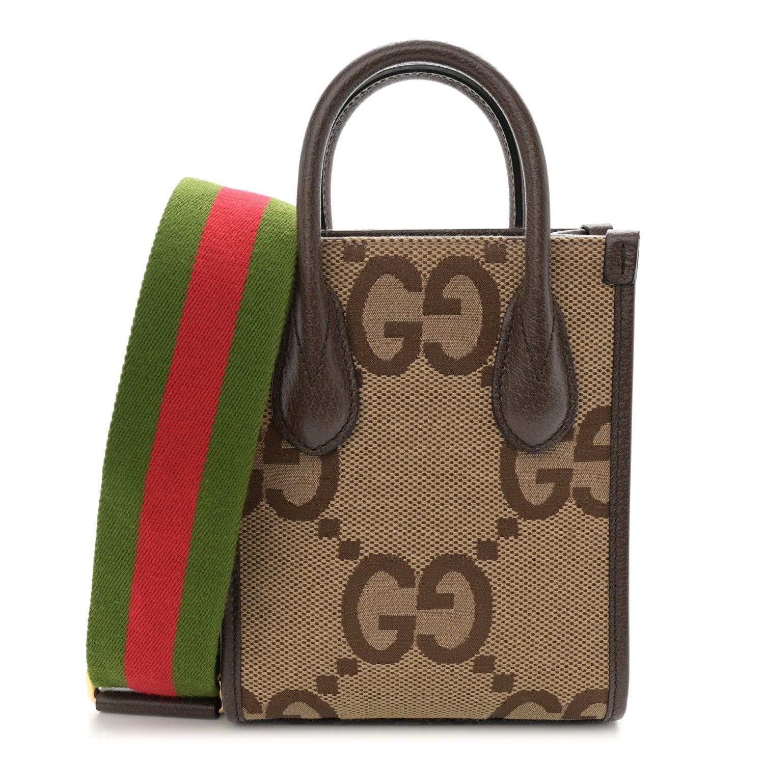 Gucci Monogram Jumbo GG Textured Dollar Calfskin Web Mini Vertical Tote Camel Ebony New Acero 1 of 9