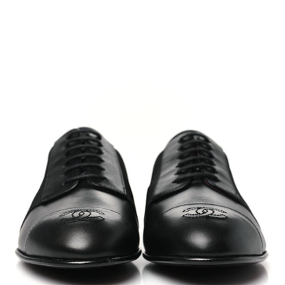 Chanel Calfskin Elastic Lace Up Cap Toe CC Loafers 37 Black 3 of 7