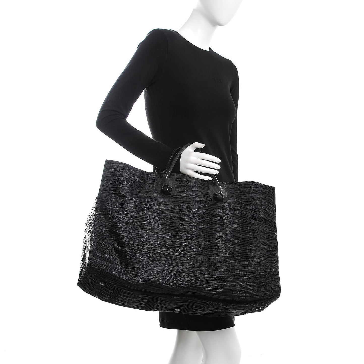 Straw Crocodile Shopping Tote Black