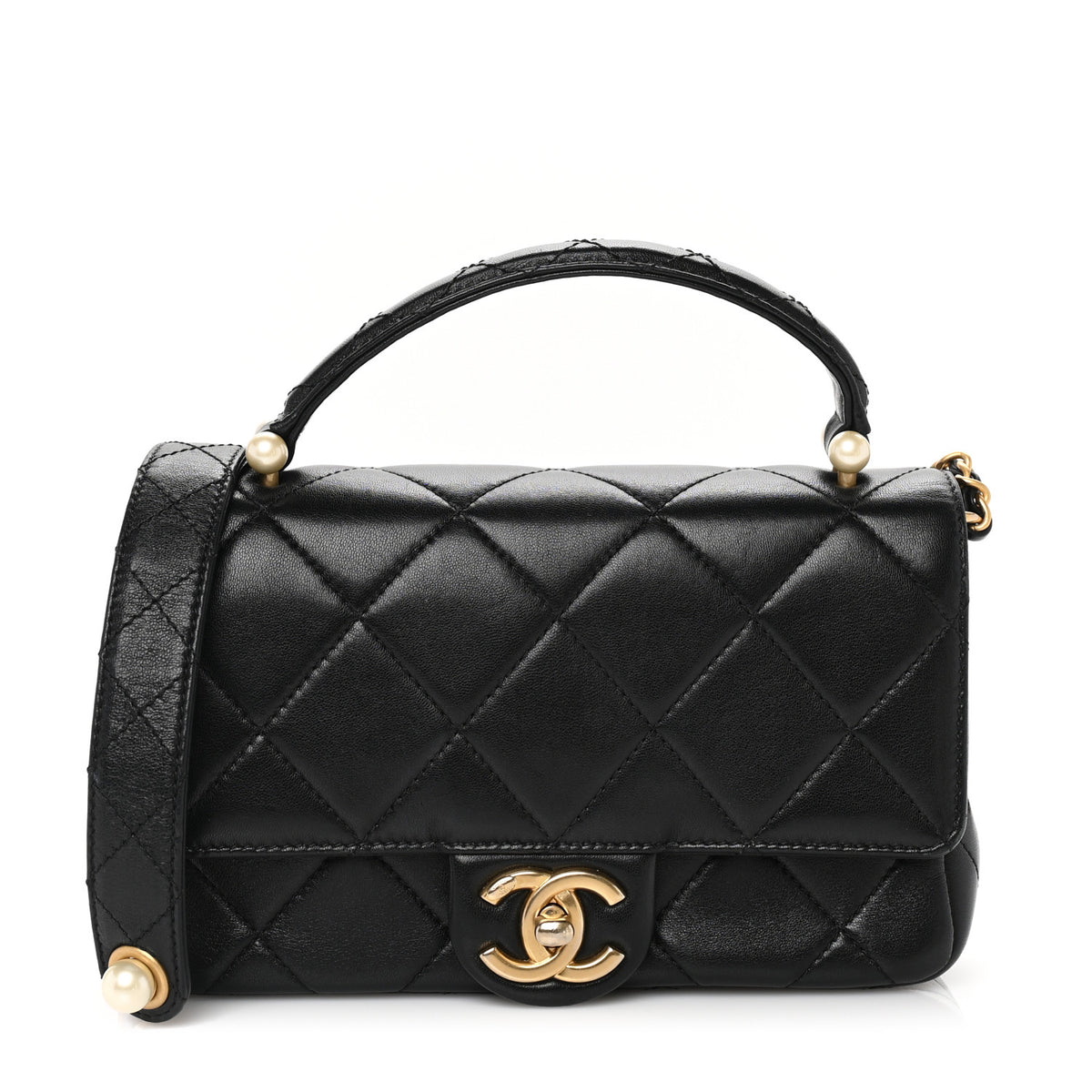 Chanel Lambskin Quilted Mini Pearl Stitched Top Handle Flap Black 1 of 9