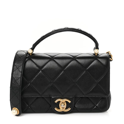 Chanel Lambskin Quilted Mini Pearl Stitched Top Handle Flap Black 1 of 9