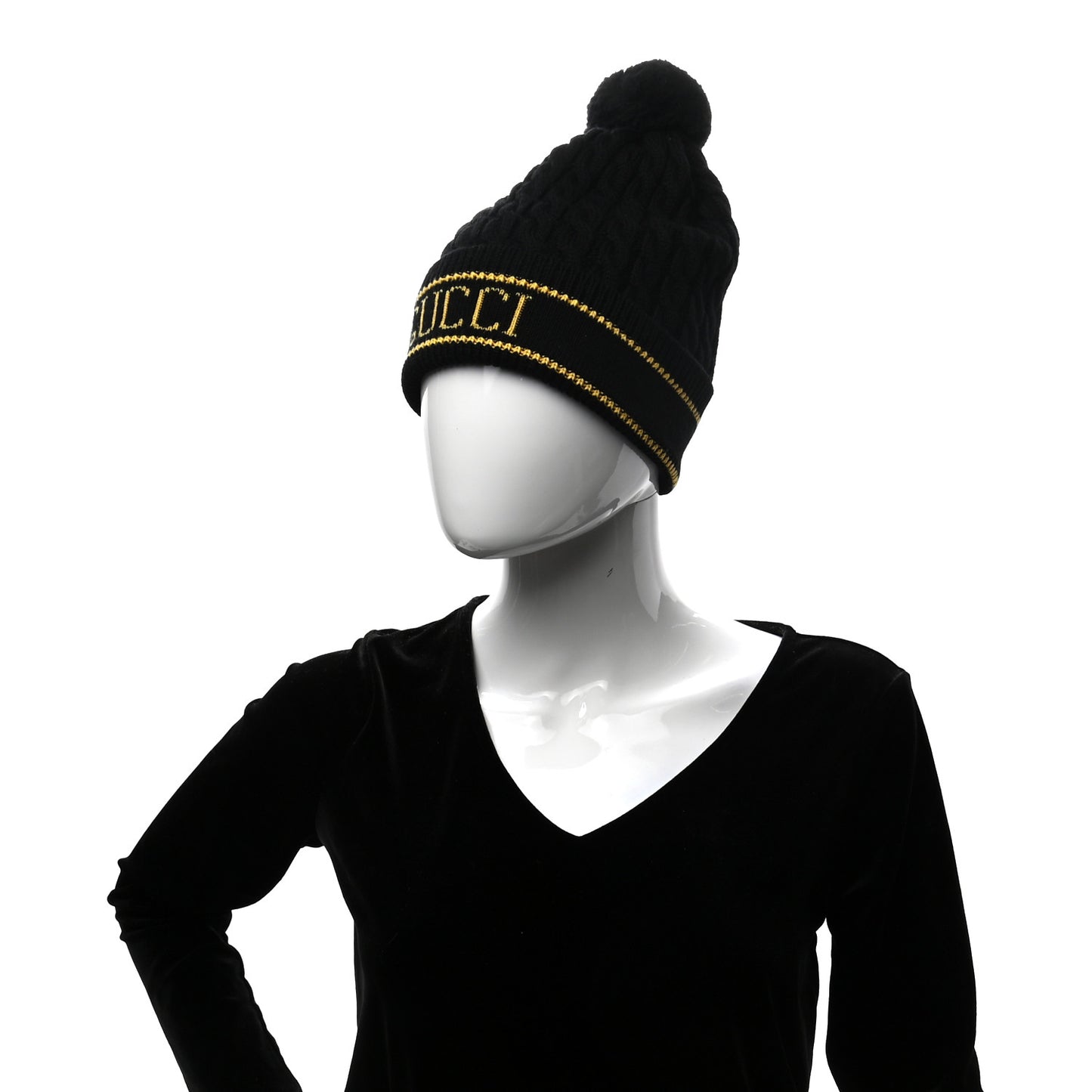 Wool Cashmere Polyamide Cable Knit Beanie Hat M Black