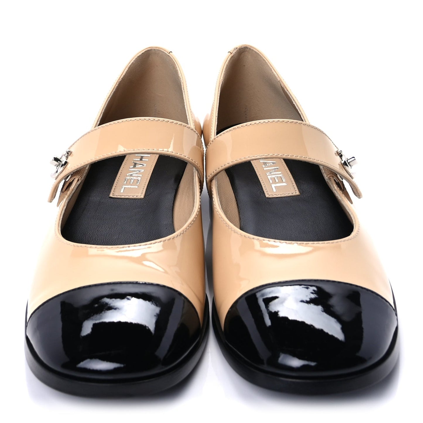 Patent Calfskin Mary Janes Flats 40 Beige Black