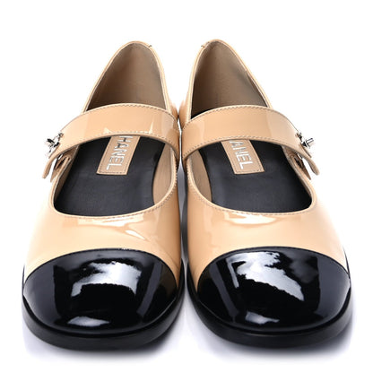 Chanel Patent Calfskin Mary Janes Flats 40 Beige Black 2 of 9