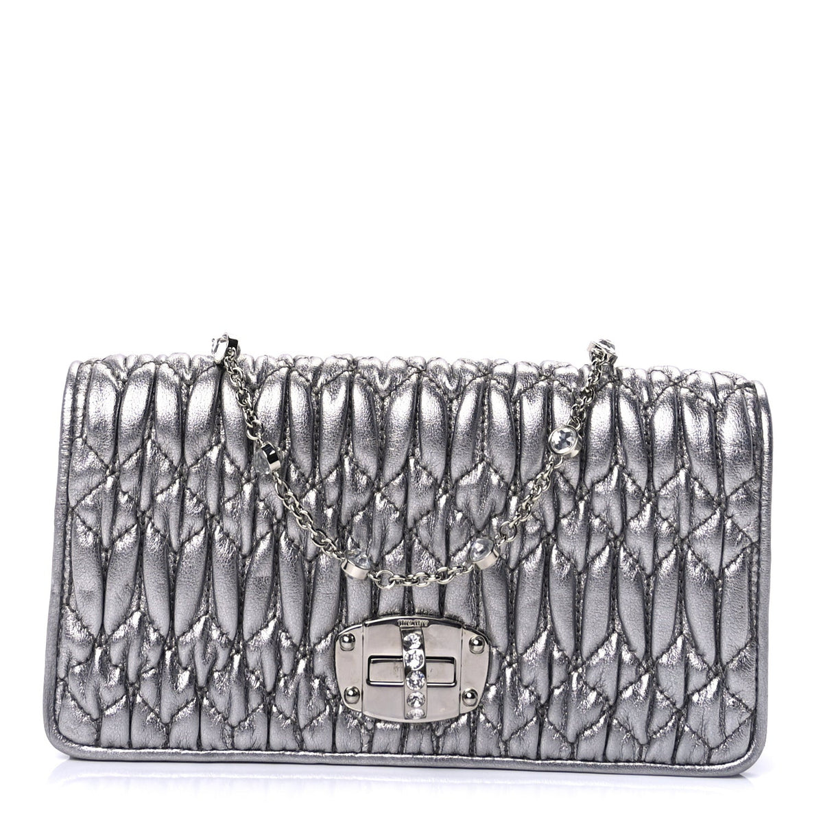 Miu Miu Nappa Matelasse Crystal Chain Wallet On Chain Silver 1 of 8