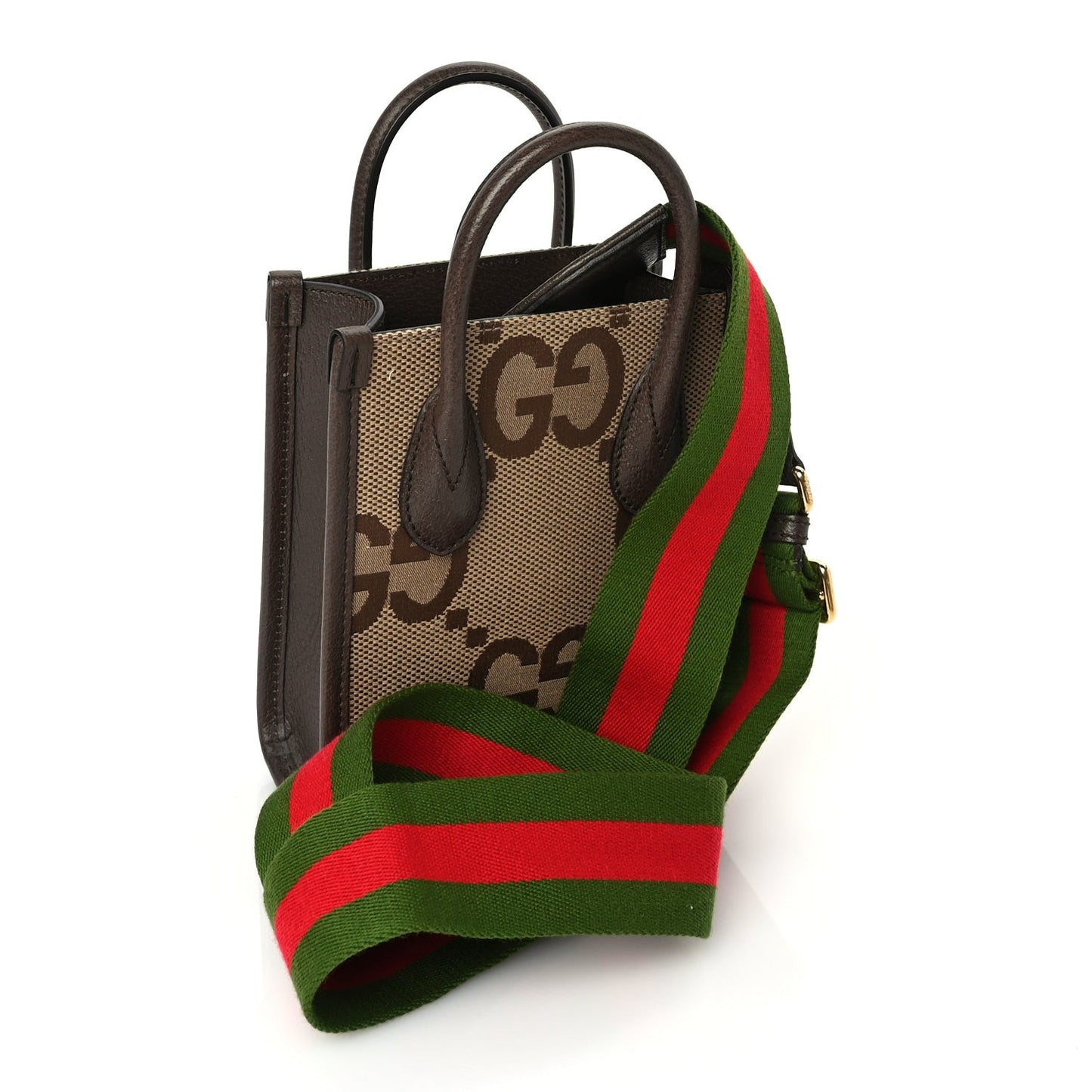 GUCCI Monogram Jumbo GG Textured Dollar Calfskin Web Mini Vertical Tote Camel Ebony New Acero