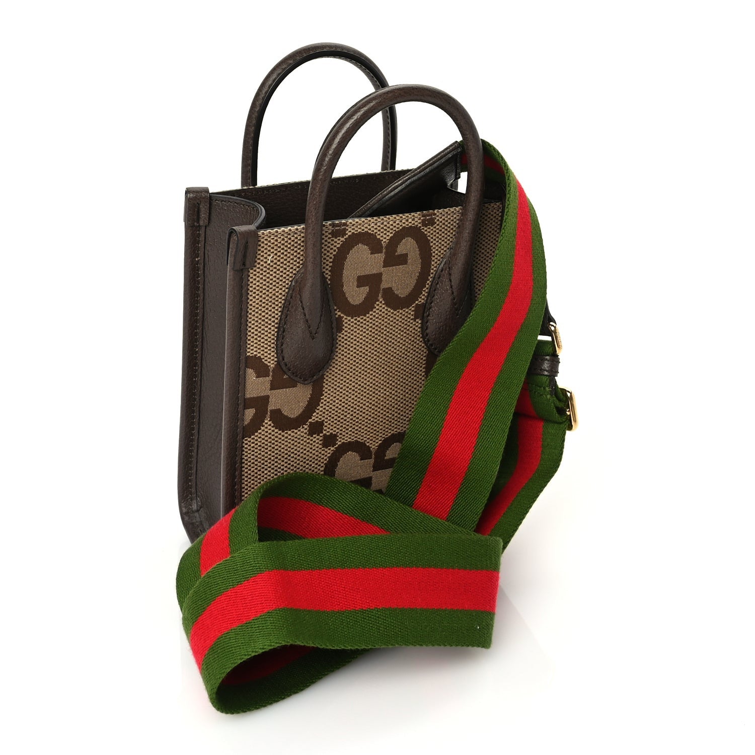Gucci GUCCI Monogram Jumbo GG Textured Dollar Calfskin Web Mini Vertical Tote Camel Ebony New Acero 2 of 8