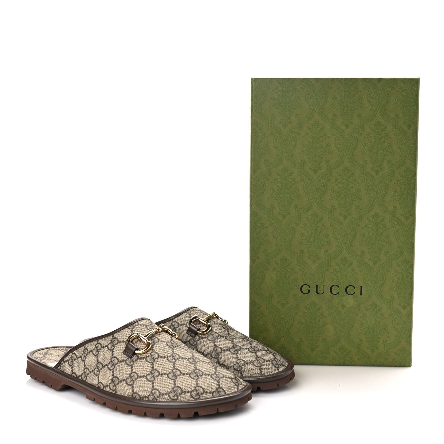 GG Supreme Monogram Granada Kid Mens Horsebit Lug Sole Mules 9.5 Beige Ebony New Acero