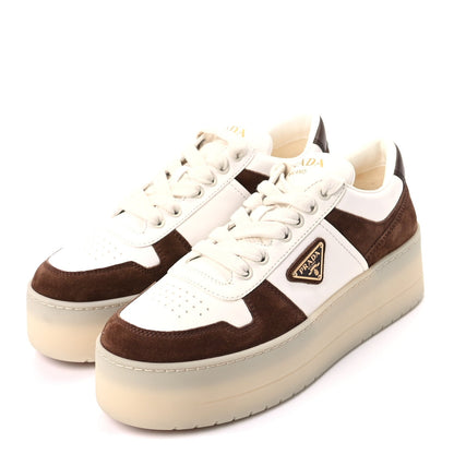 Prada Suede Nappa Triangle Womens Downtown Platform Low Top Sneakers 37.5 White Cocoa Brown 3 of 10